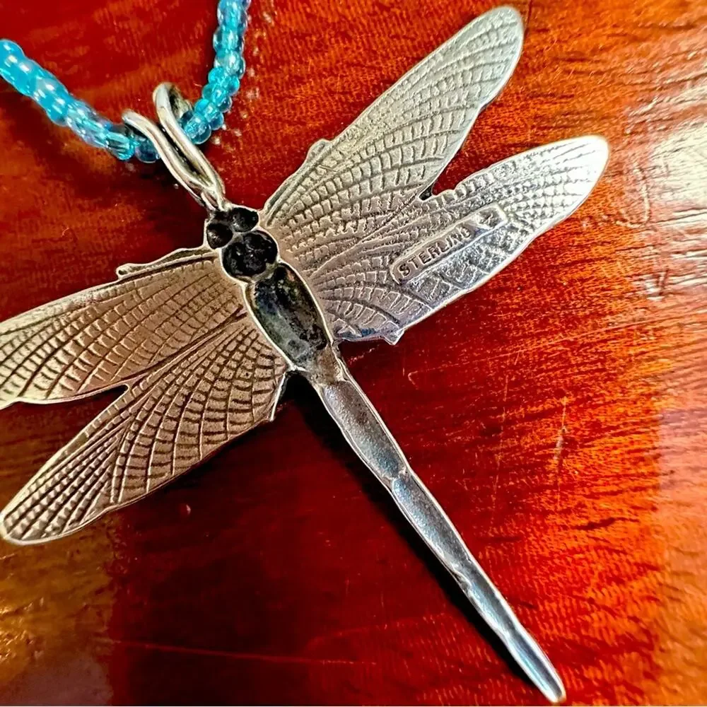 Sterling Silver Dragonfly Pendant Necklace Blue Beads Boho Beaded Casual Jewelry